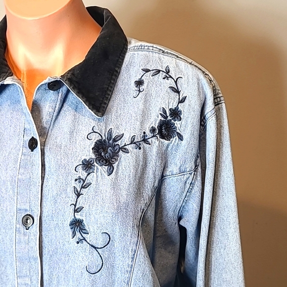 Vintage Shirt Velvet Collared Western Bohemian 90s Country Chambray Denim Medium - Picture 3 of 9